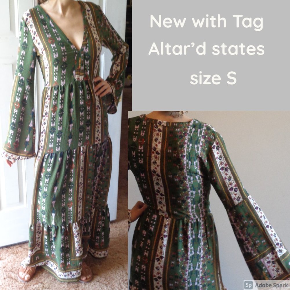 Relist 7/21❌ Altar’d State boho bell sleeve print long dress cottagecore retro S - Picture 3 of 15